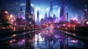 fotorealistisch cyberpunk grootstedelijk stad in de nacht ai gegenereerd foto