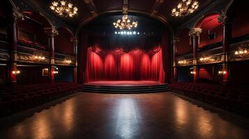 theater fase, met rood gordijn, houten vloer, stoelen en verlichting ai generatief foto