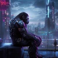 cyberpunk themed beeld van een gewond gorilla cyborg ai generatief foto