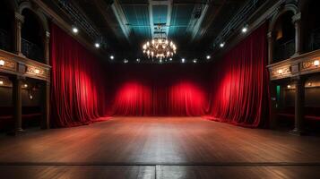 theater fase, met rood gordijn, houten vloer, stoelen en verlichting ai generatief foto