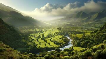 panoramisch foto van een groen weelderig vallei Aan een laat middag, lijkt majestueus ai generatief