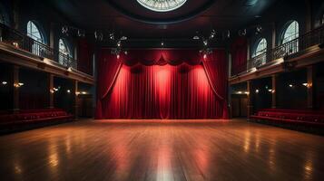 theater fase, met rood gordijn, houten vloer, stoelen en verlichting ai generatief foto