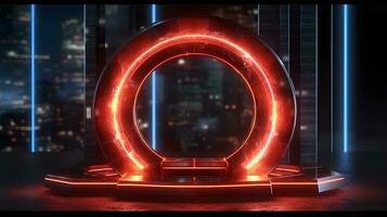 technologie futuristische cirkel met gloeiend neon licht podium stadium generatief ai. foto