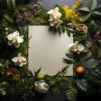 planten bloemen met mockup papier kaart Notitie vlak leggen natuur concept top visie generatief ai. foto