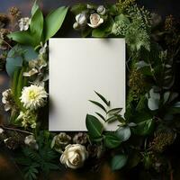 planten bloemen met mockup papier kaart Notitie vlak leggen natuur concept top visie generatief ai. foto