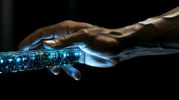 menselijk hand- aanraken hologram scherm met vinger met gloeiend veelhoekige wireframe Aan donker achtergrond generatief ai. foto