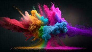 kleurrijk regenboog gekleurde verf poeder met donker achtergrond. ai generatief kleuren foto