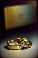 een paar van bruiloft ringen zittend Aan top van een tafel. ai gegenereerd foto