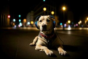 een hond dat is houdende naar beneden met hoofdtelefoons Aan. ai gegenereerd foto