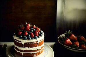 een dichtbij omhoog van een taart Aan een bord met aardbeien. ai gegenereerd foto
