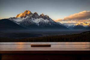 een bureau met een visie van een berg bereik. ai gegenereerd foto