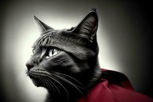 een zwart en wit foto van een kat vervelend een rood kaap. ai gegenereerd