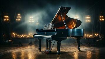 een oud groots piano in de midden- van donker blanco kamer met god stralen licht het omhoog ai genereren foto