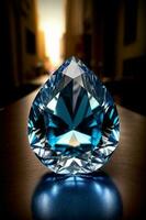 een blauw diamant zittend Aan top van een houten tafel. ai gegenereerd foto