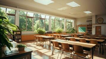 school- klasse in daglicht. schoon interieur met whiteboard, lade, stoelen en tafels ai generatief foto