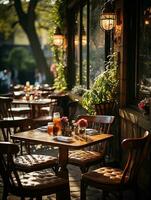 fotografie van buitenshuis cafe in daglicht met glad verlichting ai gegenereerd foto