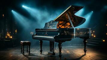 een oud groots piano in de midden- van donker blanco kamer met god stralen licht het omhoog ai genereren foto