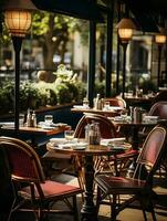 fotografie van buitenshuis cafe in daglicht met glad verlichting ai gegenereerd foto