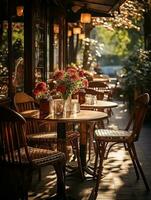 fotografie van buitenshuis cafe in daglicht met glad verlichting ai gegenereerd foto