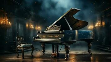 een oud groots piano in de midden- van donker blanco kamer met god stralen licht het omhoog ai genereren foto