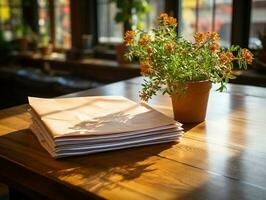 papier Aan de houten tafel, echt fotografie met glad verlichting en zon licht ai genereren foto