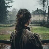 een terug profiel van een meisje in een regen Bij een park van een Frankrijk oud dorpen ai generatief foto