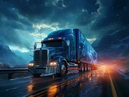 een wit vrachtauto Aan snelweg, met heelal achtergrond, krankzinnig detail gemaakt door ai generatief foto