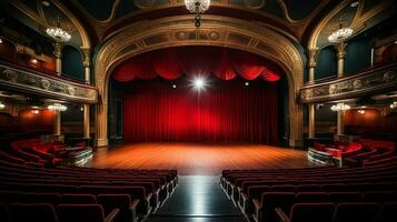 theater fase, met rood gordijn, houten vloer, stoelen en verlichting ai generatief foto