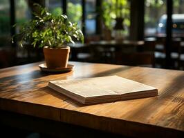 papier Aan de houten tafel, echt fotografie met glad verlichting en zon licht ai genereren foto