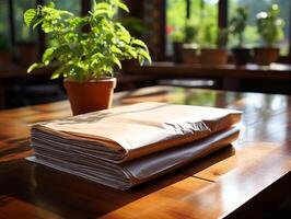 papier Aan de houten tafel, echt fotografie met glad verlichting en zon licht ai genereren foto