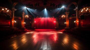 theater fase, met rood gordijn, houten vloer, stoelen en verlichting ai generatief foto