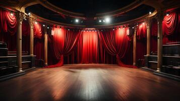 theater fase, met rood gordijn, houten vloer, stoelen en verlichting ai generatief foto