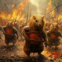 brandend Woud, regenen, capibara soldaten aanvallen gordeldier leger ai generatief foto