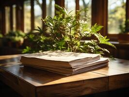 papier Aan de houten tafel, echt fotografie met glad verlichting en zon licht ai genereren foto