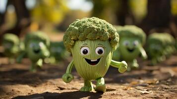 broccoli hebben gezicht, handen en foots wandelen gemaakt door ai generatief foto