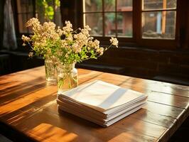 papier Aan de houten tafel, echt fotografie met glad verlichting en zon licht ai genereren foto