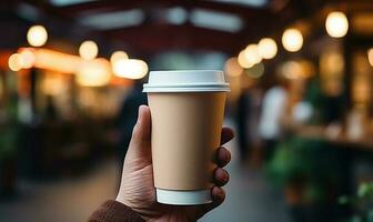 hand- Holding papier koffie kop gegenereerd door ai foto