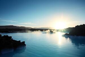 de betoverd blauw lagune Bij zonsondergang. ai generatief foto