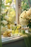 glas parfum fles met bloemen foto