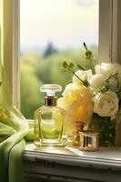 glas parfum fles met bloemen foto