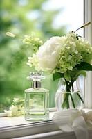 glas parfum fles met bloemen foto