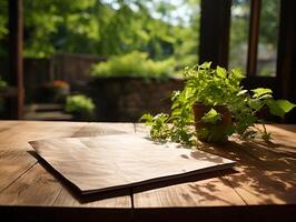 papier Aan de houten tafel, echt fotografie met glad verlichting en zon licht ai genereren foto