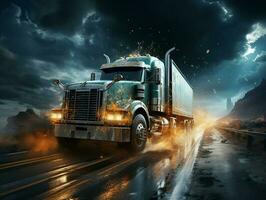 een wit vrachtauto Aan snelweg, met heelal achtergrond, krankzinnig detail gemaakt door ai generatief foto