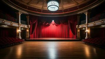 theater fase, met rood gordijn, houten vloer, stoelen en verlichting ai generatief foto