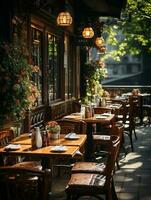 fotografie van buitenshuis cafe in daglicht met glad verlichting ai gegenereerd foto