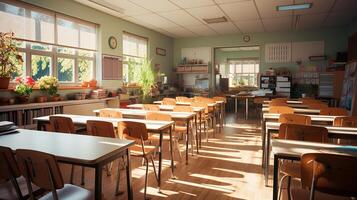 school- klasse in daglicht. schoon interieur met whiteboard, lade, stoelen en tafels ai generatief foto