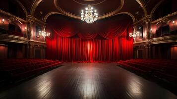 theater fase, met rood gordijn, houten vloer, stoelen en verlichting ai generatief foto