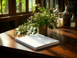 papier Aan de houten tafel, echt fotografie met glad verlichting en zon licht ai genereren foto