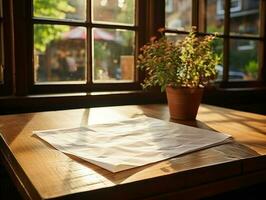papier Aan de houten tafel, echt fotografie met glad verlichting en zon licht ai genereren foto