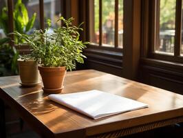 papier Aan de houten tafel, echt fotografie met glad verlichting en zon licht ai genereren foto